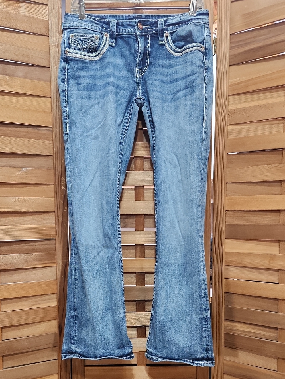 Vigoss Boot Cut Blue Jeans Whiskering Embellishment Women 29 Classic Fit Denim